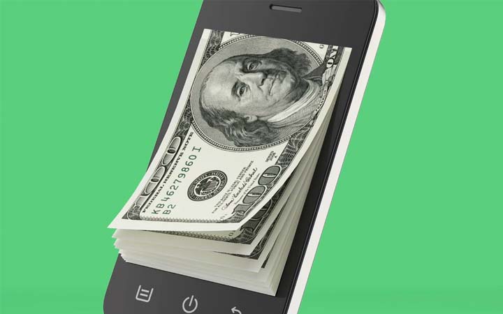 a smart phone with money pouring out of it